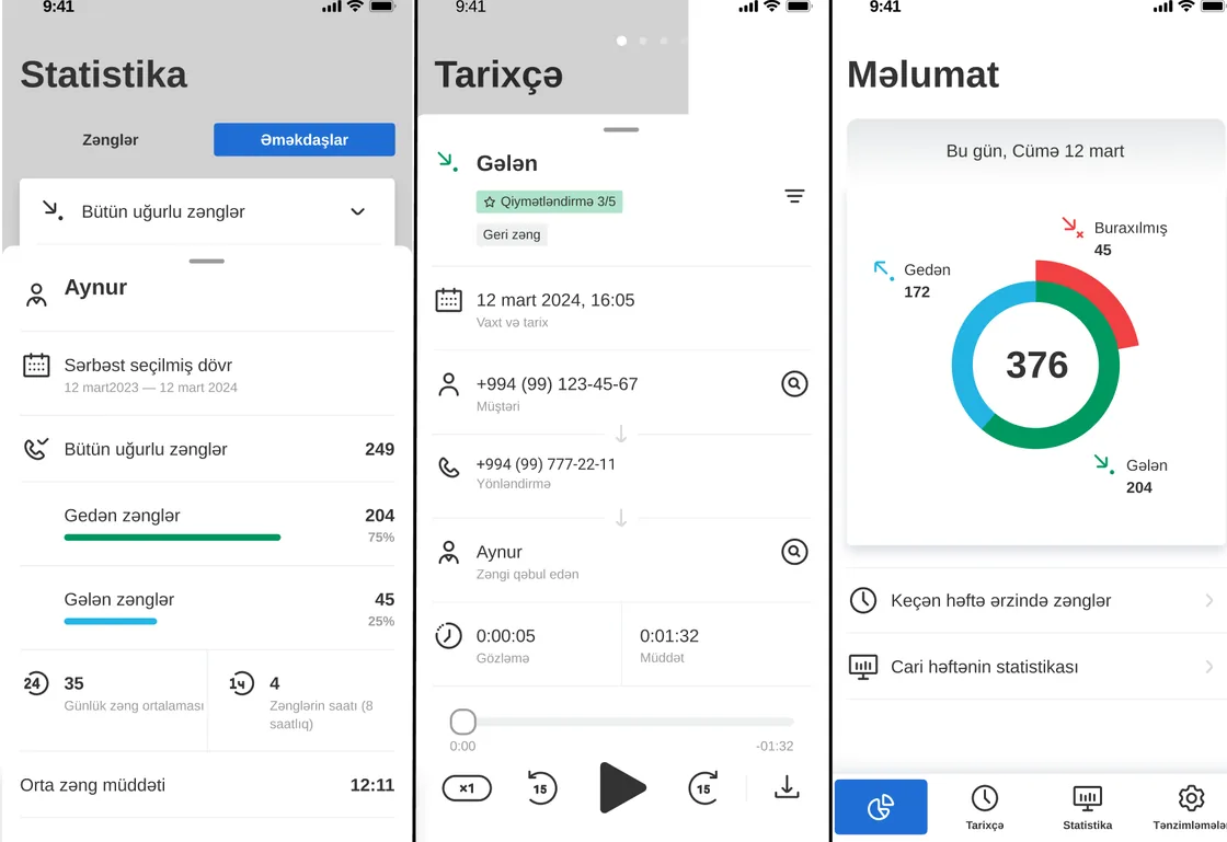Collabo mobil tətbiqinin ekranları: statistika, zəng tarixçəsi və zəng təfərrüatları
