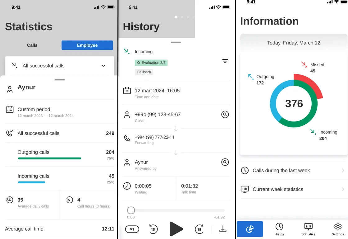 Collabo mobile app screens: statistics, call history and call details