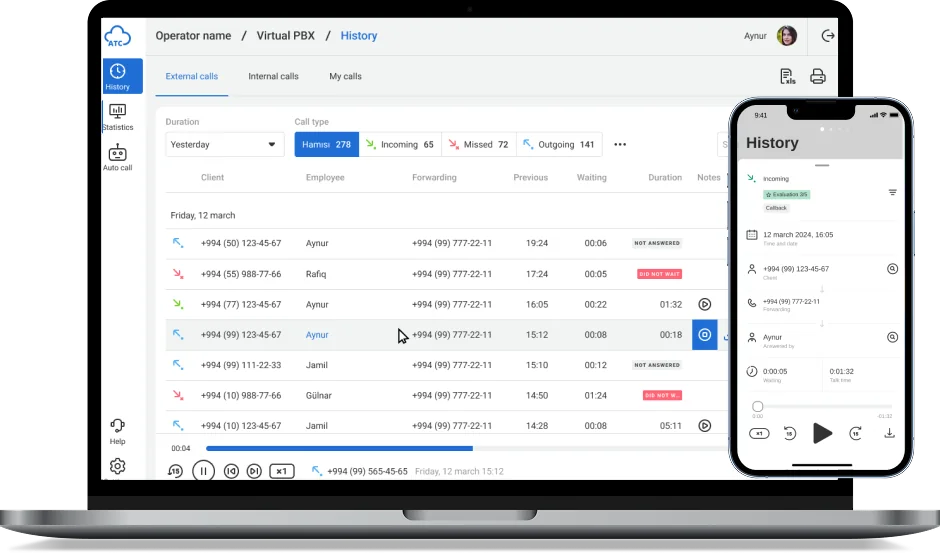 Call history with recordings on a laptop and a smartphone